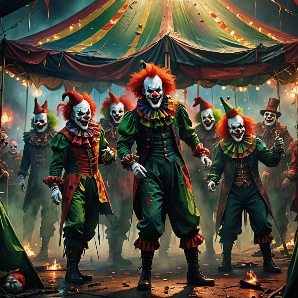 Diabolic Clowns Gather at Carnival Tent