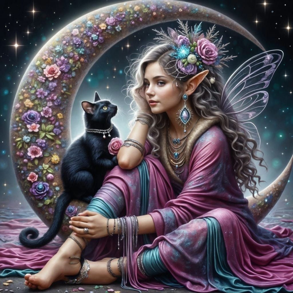 <lora:FiosFantasyGlow:1.0> Beautiful Fairy and black cat