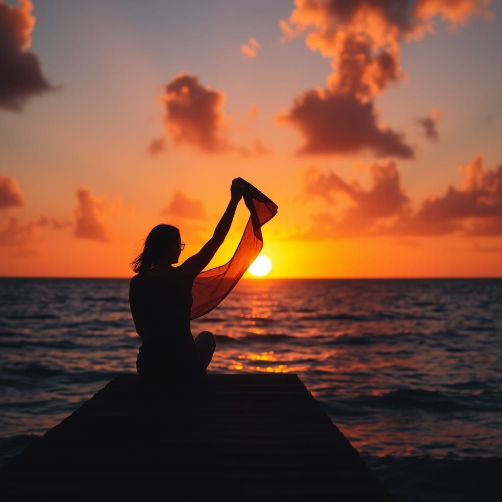 Woman Silhouetted at Sunset on Ocean Pier