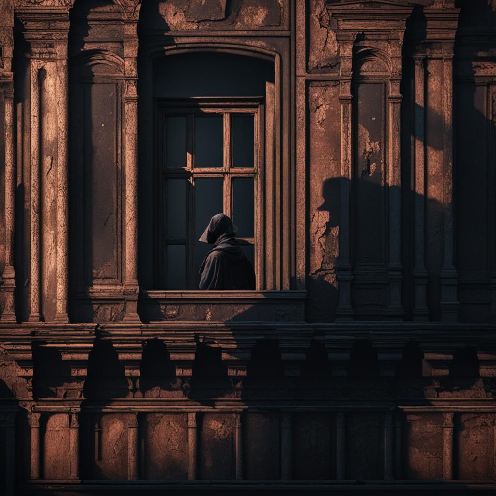 Dark Shadow Figure in Old Building, Fantasy Art