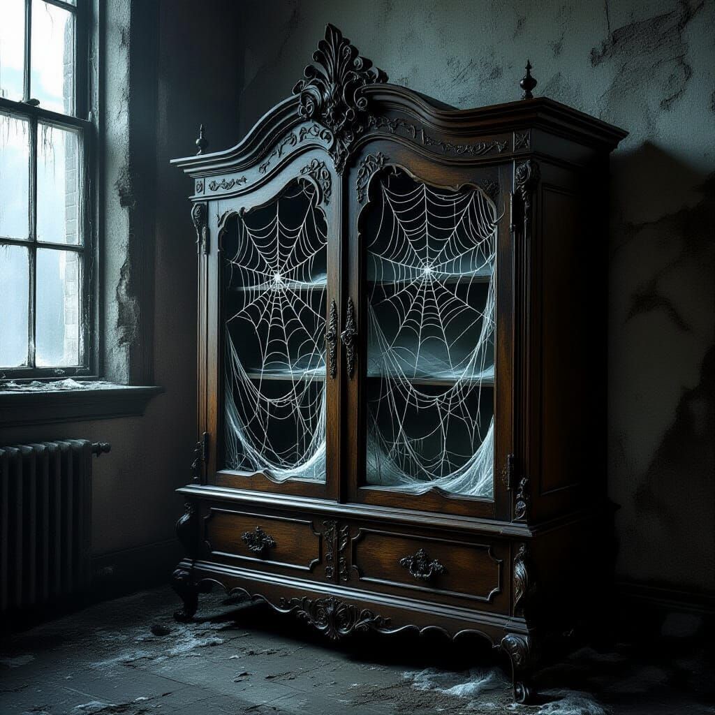 Gothic Cabinet Adorned with Ethereal Spiderwebs