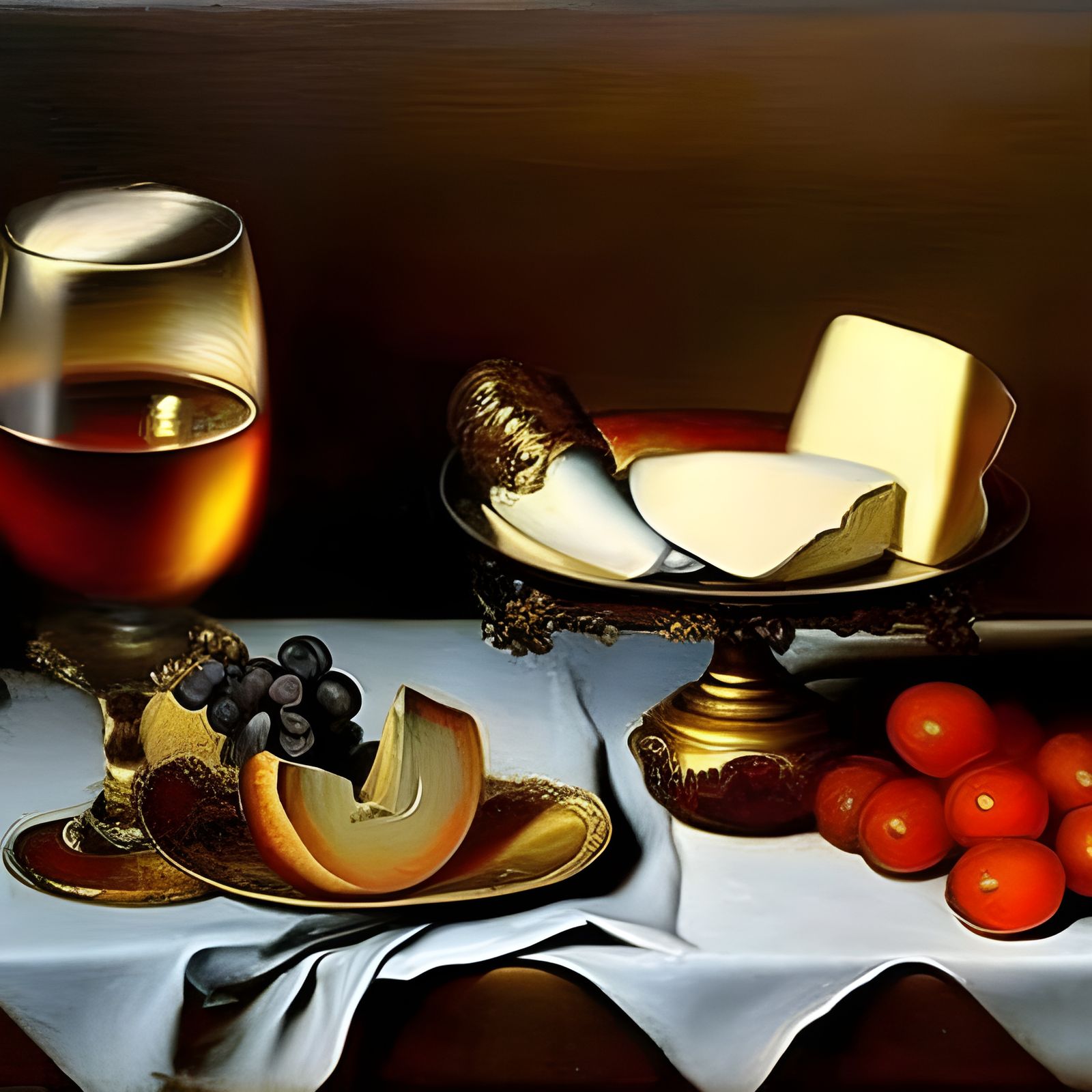 Baroque Still Life with Wine, Cheese and Grapes
