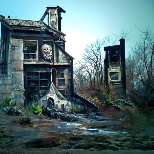 Eerie Decayed Building in Oil Painting Style