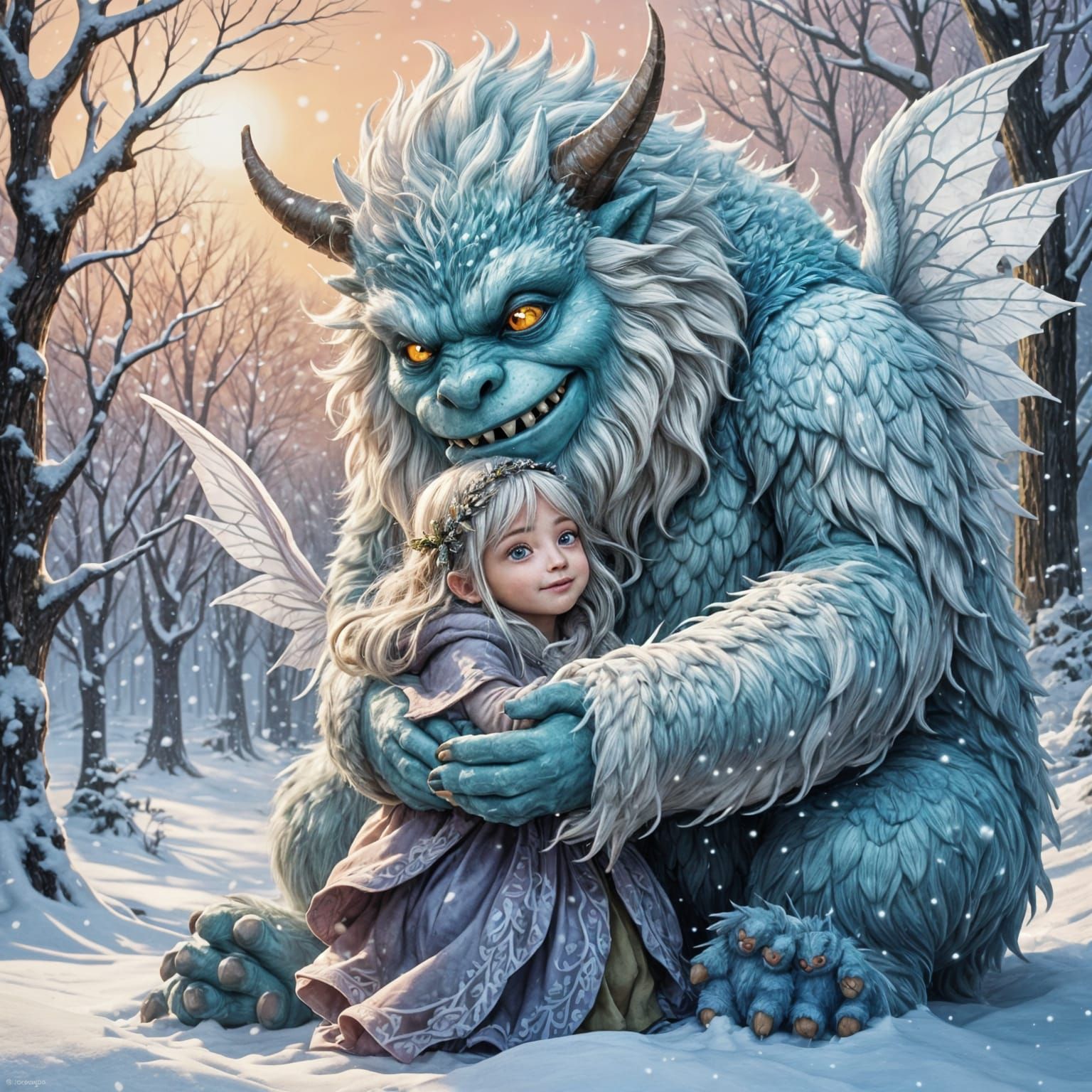 Snow Monster Warms Fairy in Winter Scene
