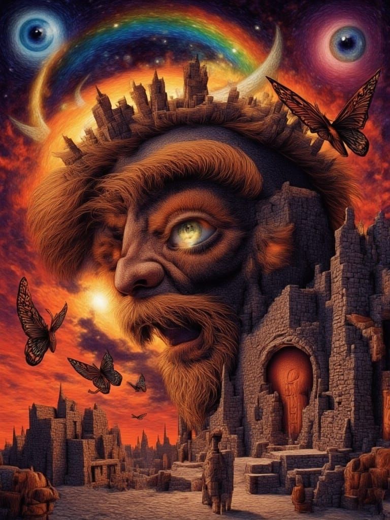 Surreal Man-Peacock Mutation and Fractal Face in Dreamscape