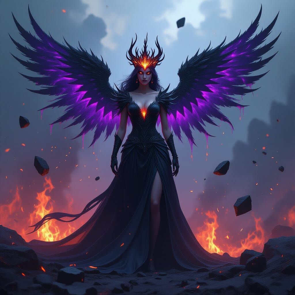 Obsidian Flame Goddess with Dark Fire Wings