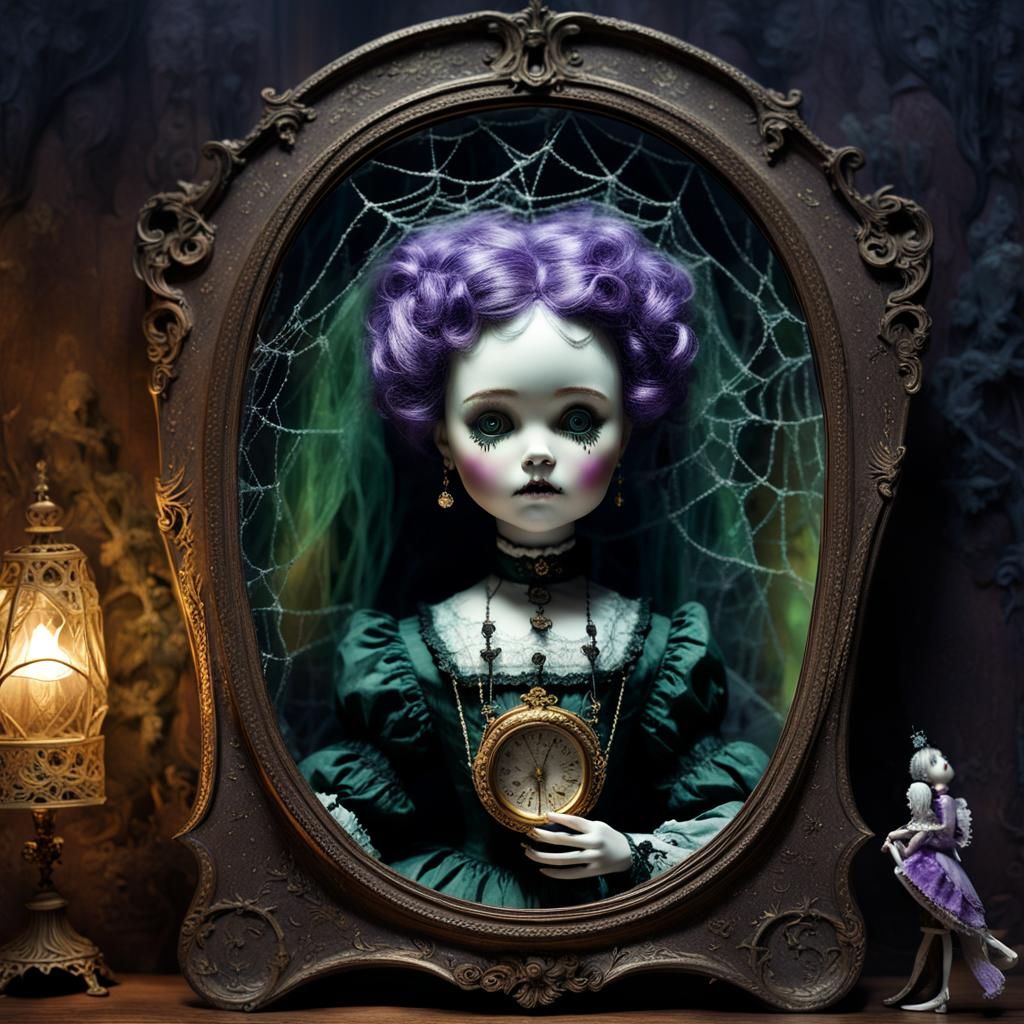 Eerie Victorian Mirror Reflecting a Haunted Doll