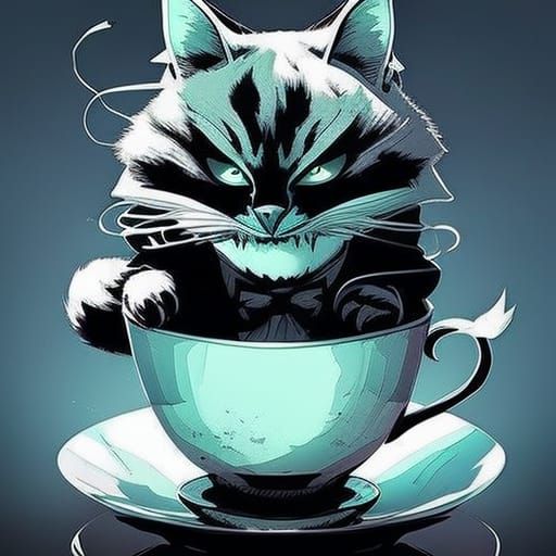 Psychedelic Cheshire Cat in Teacup, Detailed Lineart