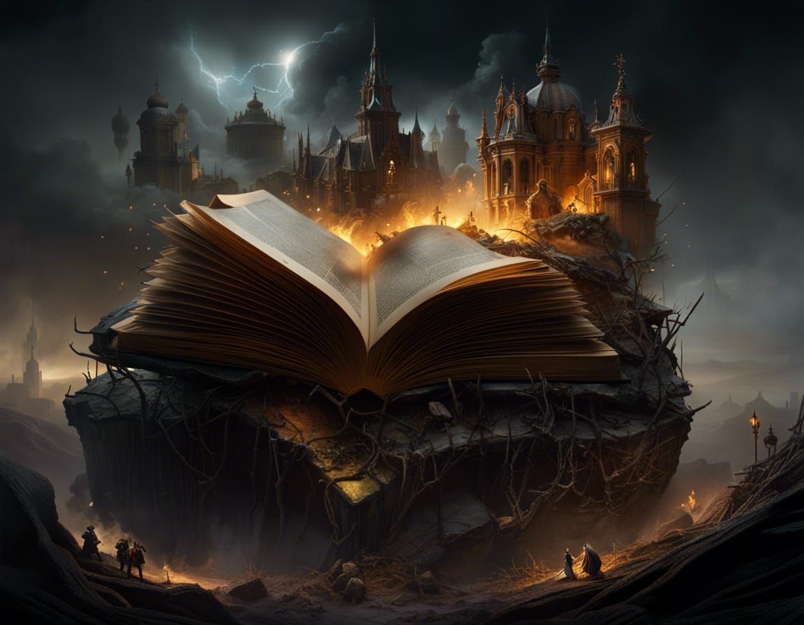 Gothic Apocalypse Rising from Book, Steampunk Style