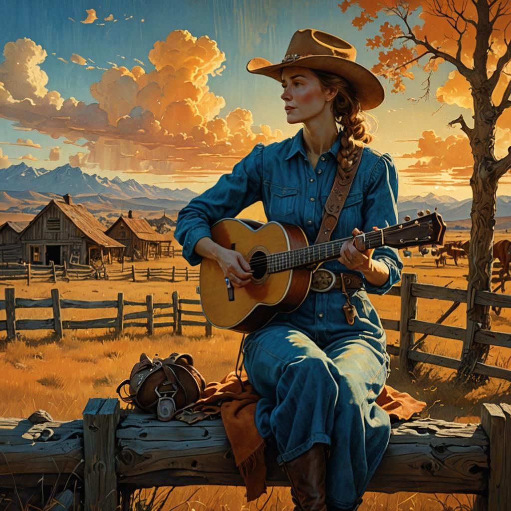 Cowgirl Playing Banjo: Fantasy Matte Painting