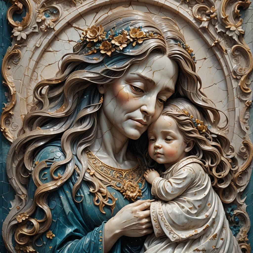 Mother and Child Marble Carving in Impasto Style