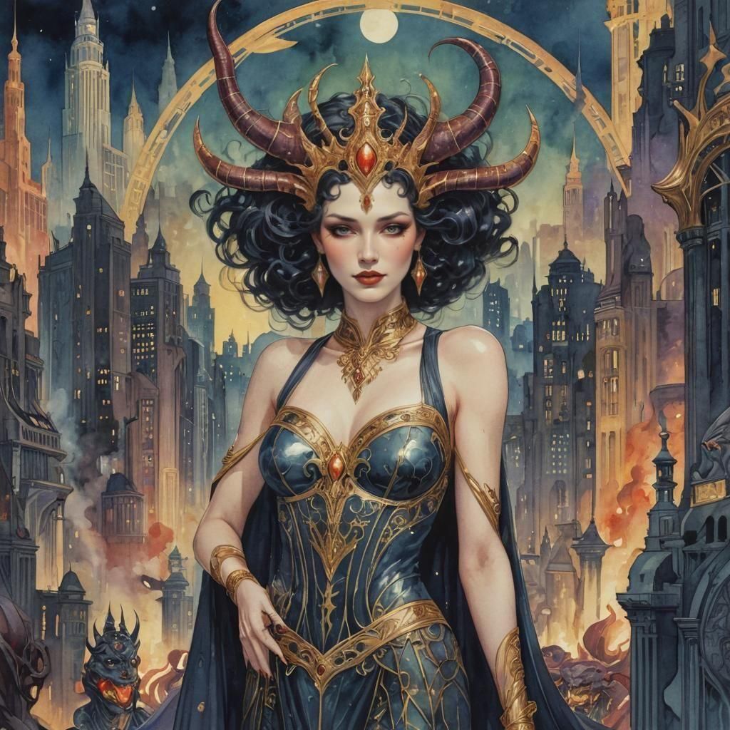 Demon Queen in Art Deco Hellscape Watercolor