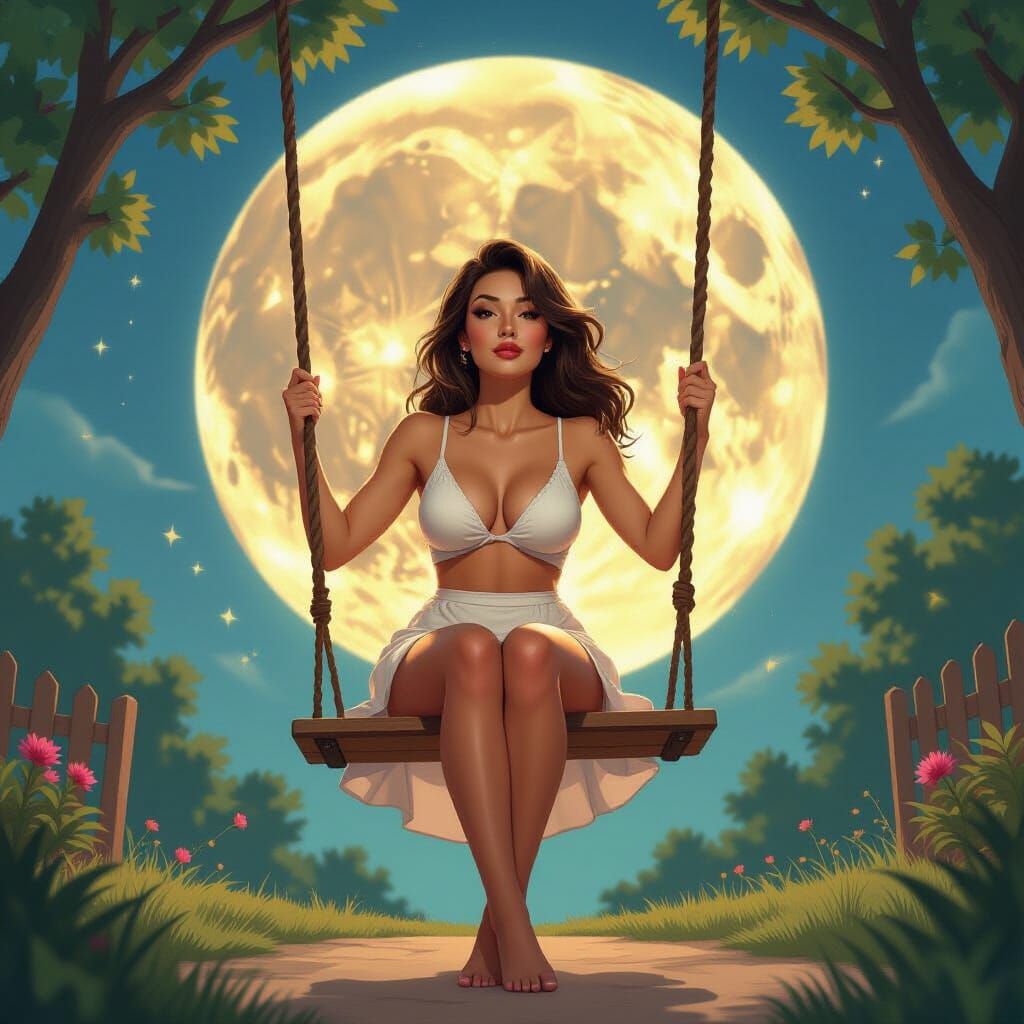 Hyperrealistic Moon Woman on Backyard Swing