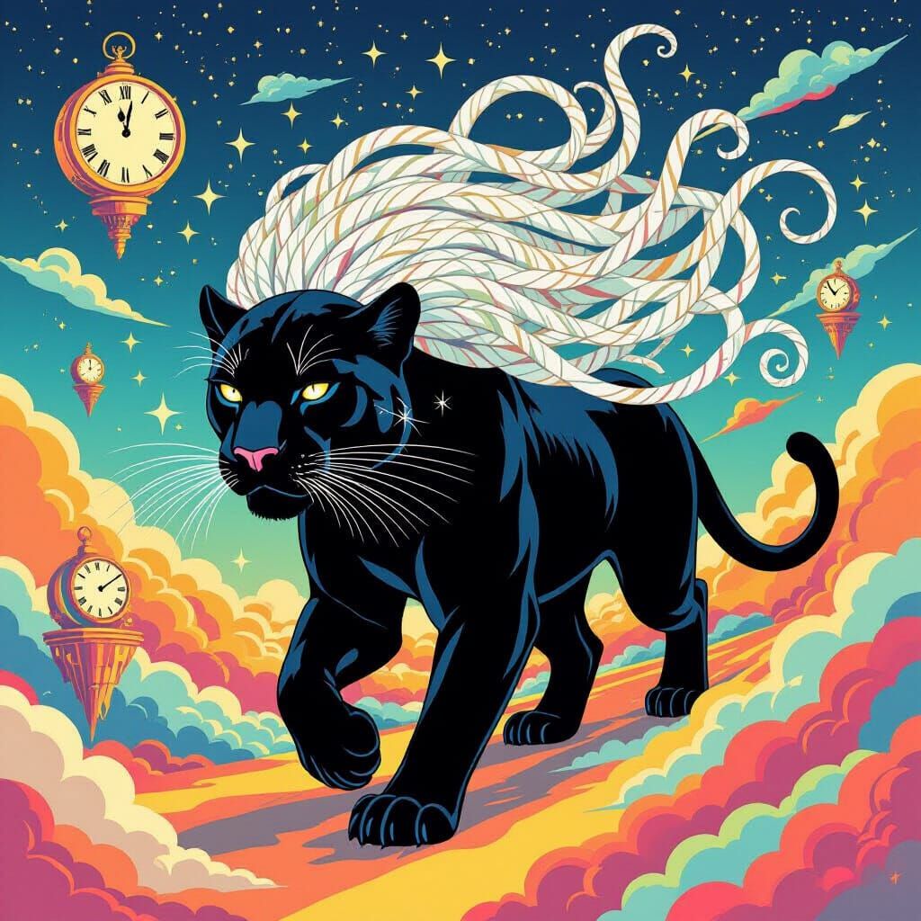Cosmic Panther in Surreal Dreamscape, Pop Art Style