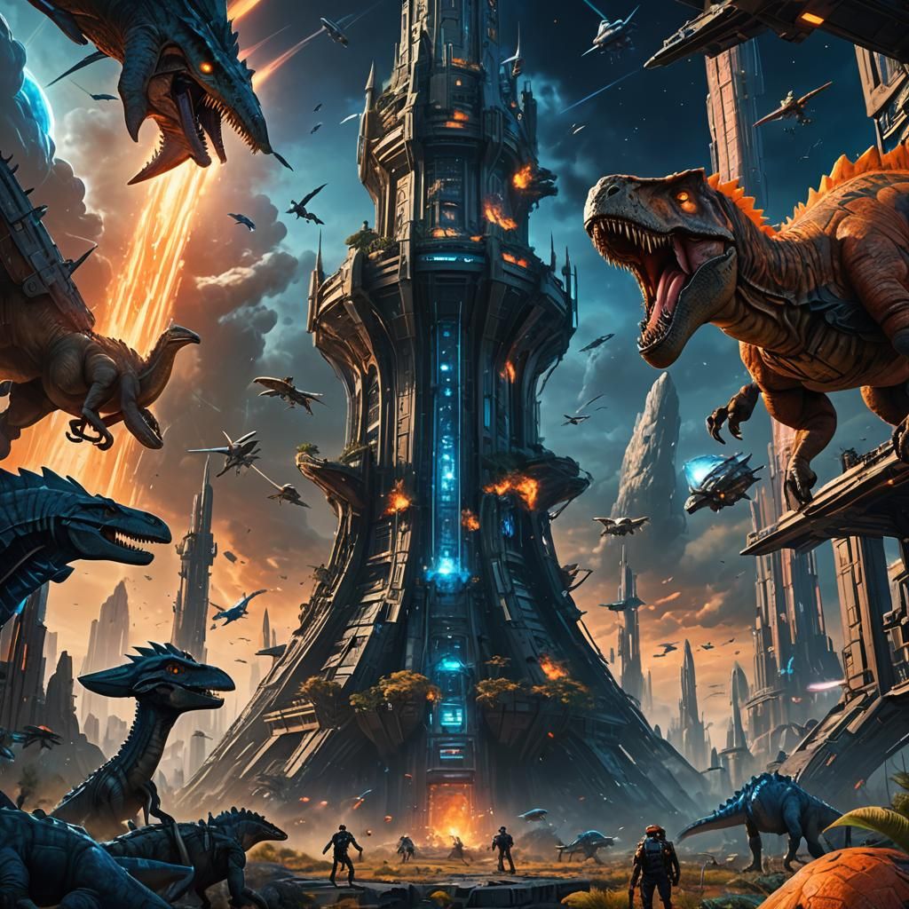Futuristic Tower Surrounded by Dinosaurs: Sci-Fi Concept Art