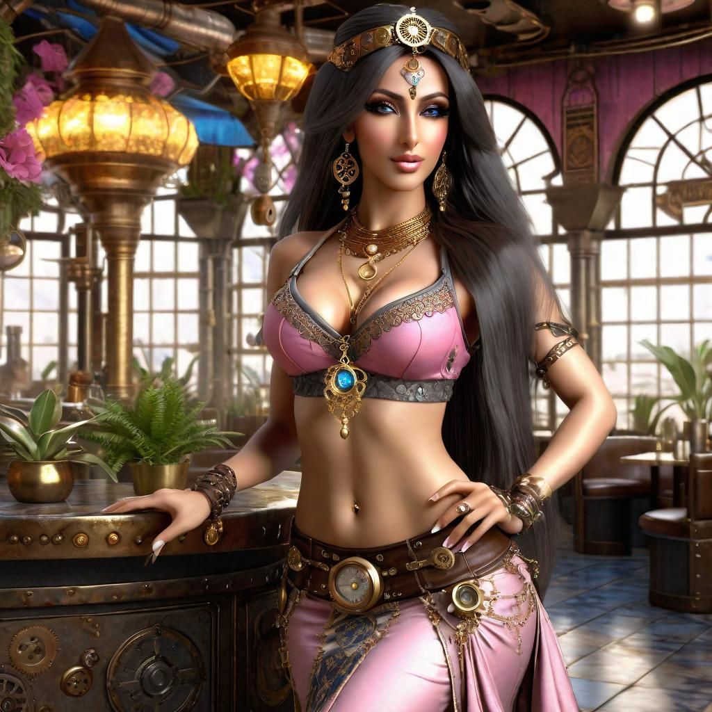 Steampunk Belly Dancer in Arabian Cafe: Fantasy Art