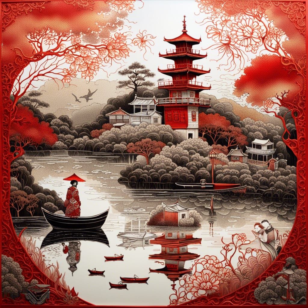 Ornate Japanese Harbor with Lighthouse in Lace Art