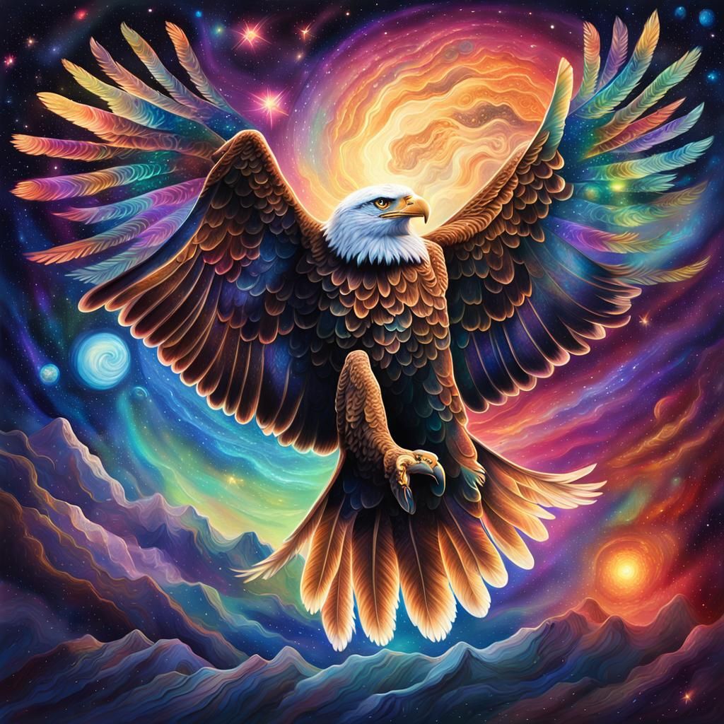 Cosmic Eagle Gliding Through Nebula-Lit Space