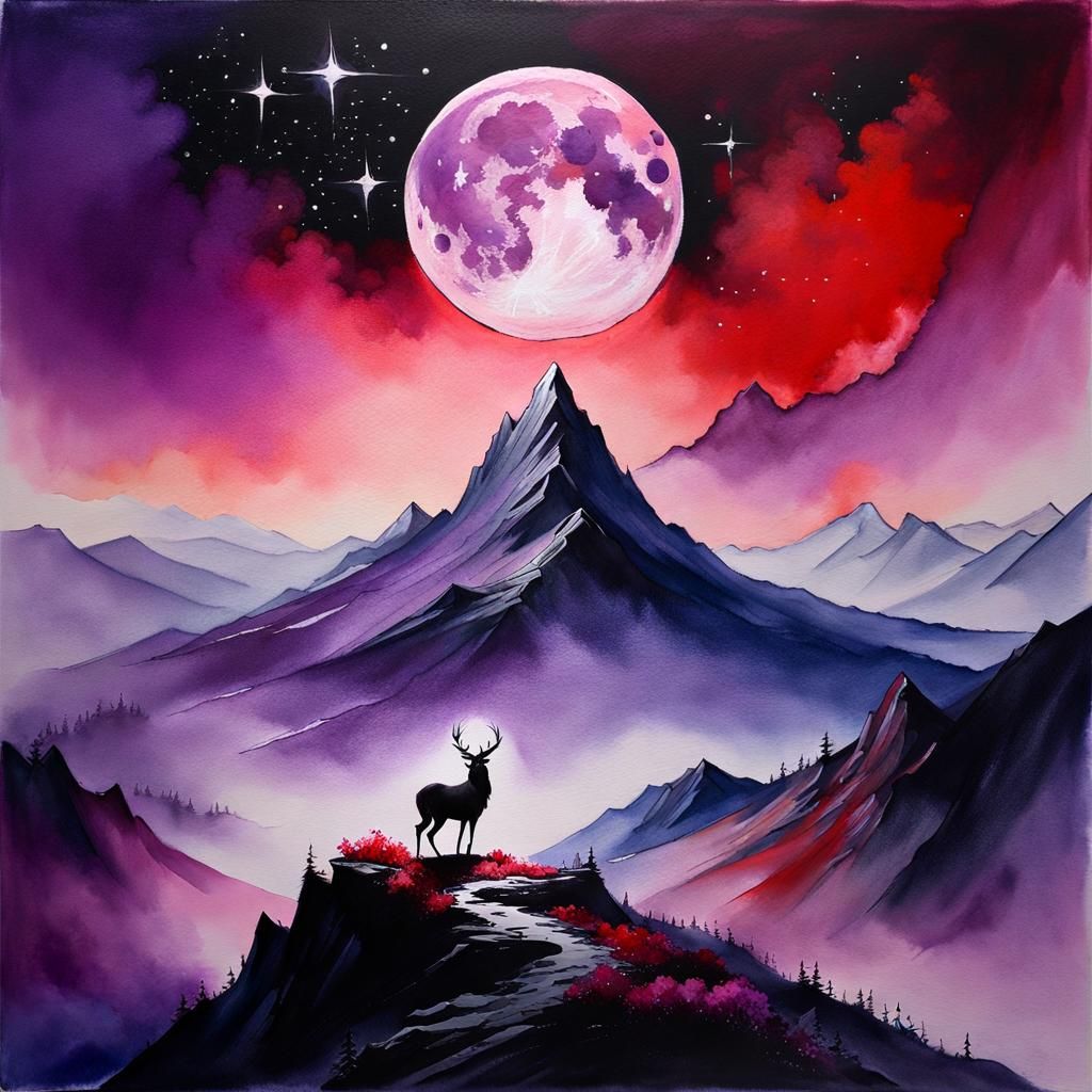 Fantasy Landscape with Purple Moon, Watercolor Style