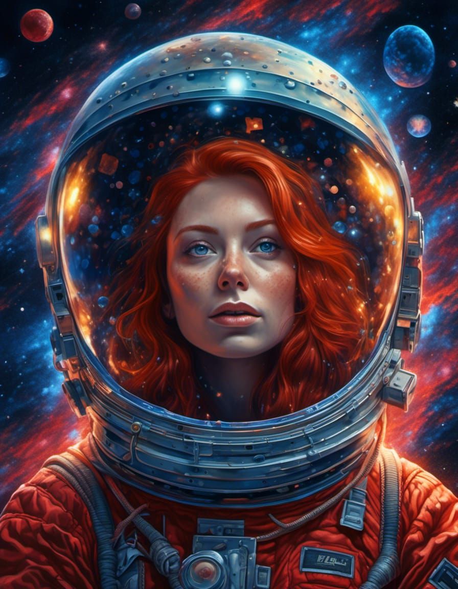 Hyperrealist Ad: Redhead Cosmonaut in Space