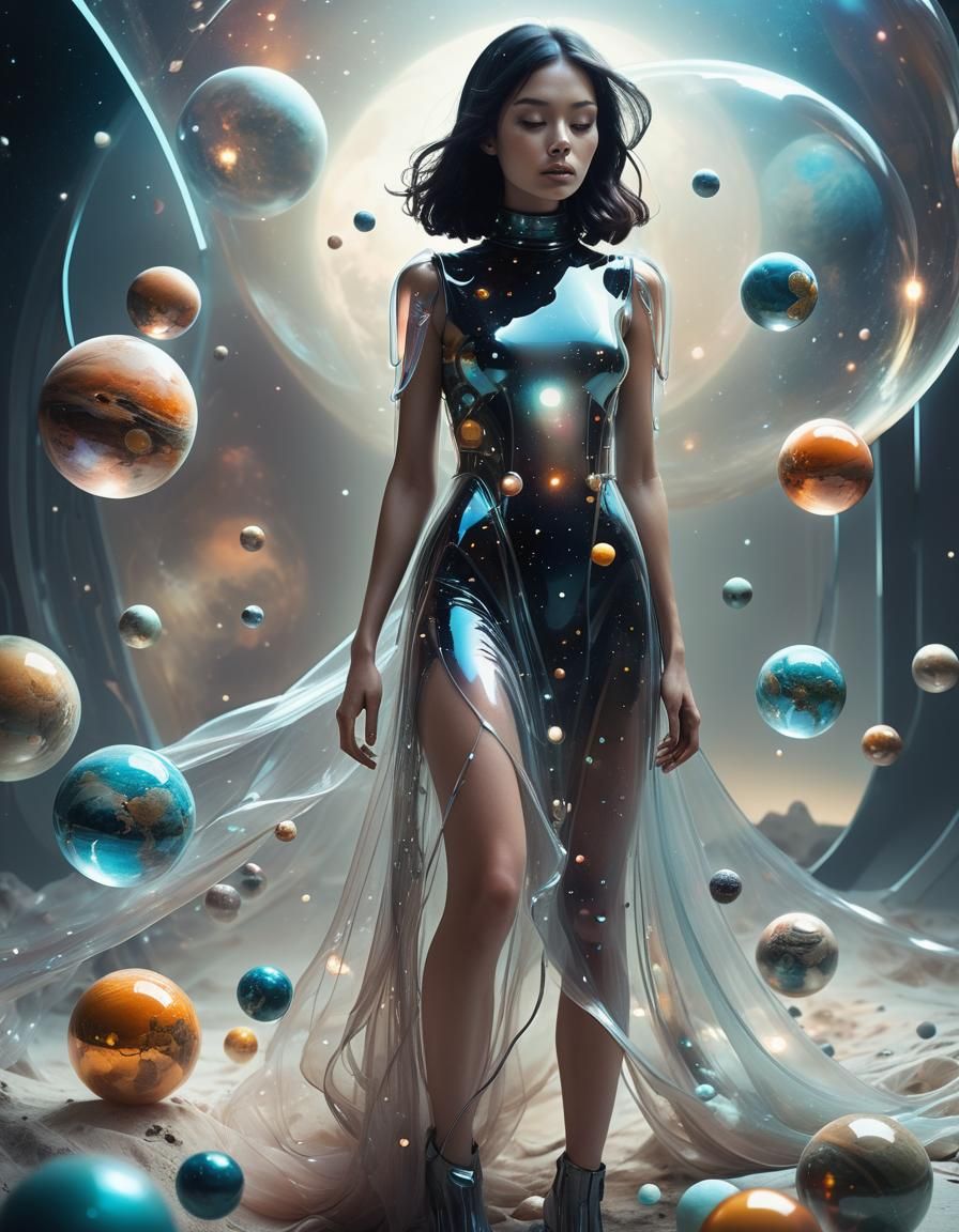 Surreal Figure in Futuristic Scene with Planets