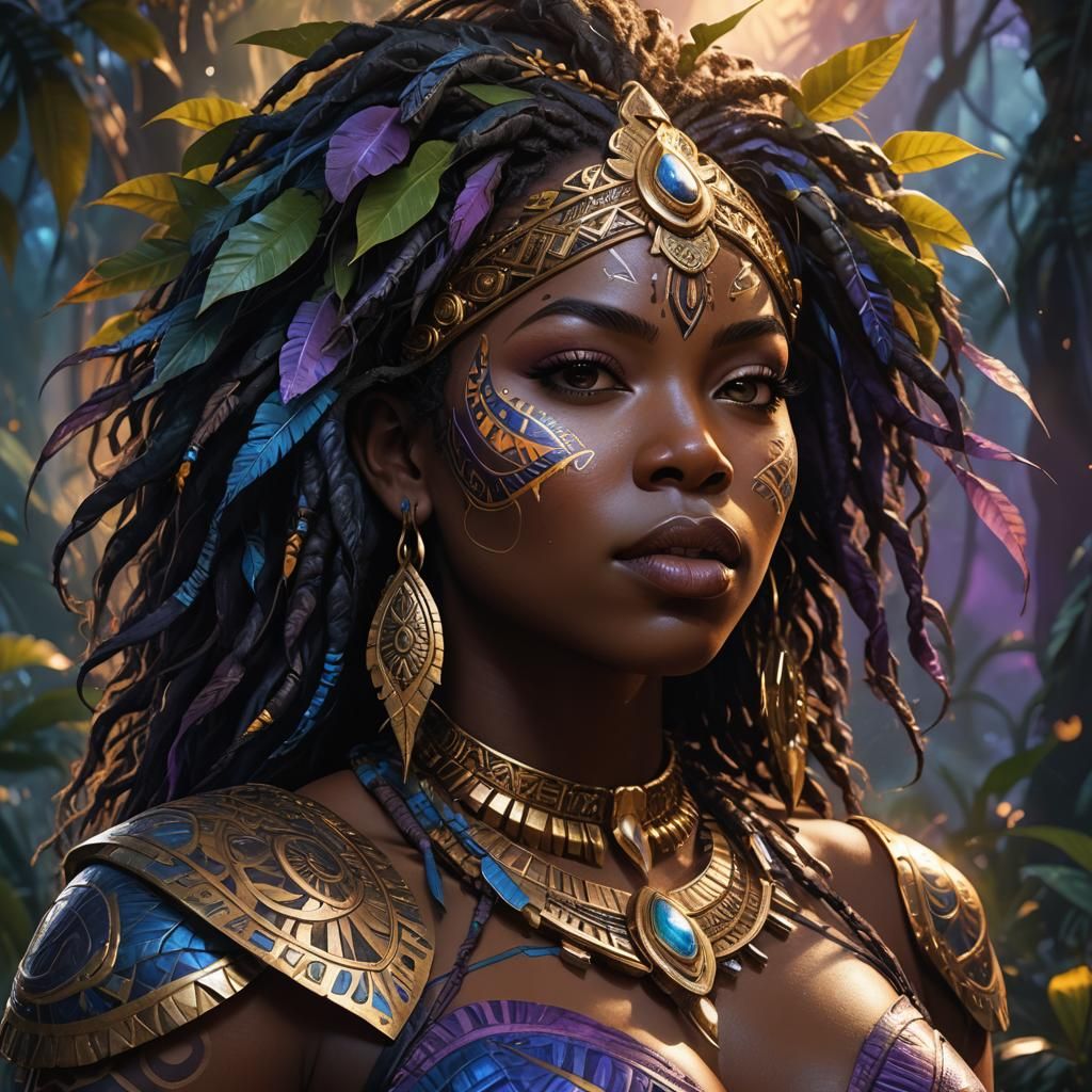Fantasy Close-up Portrait: Black Woman in Jungle