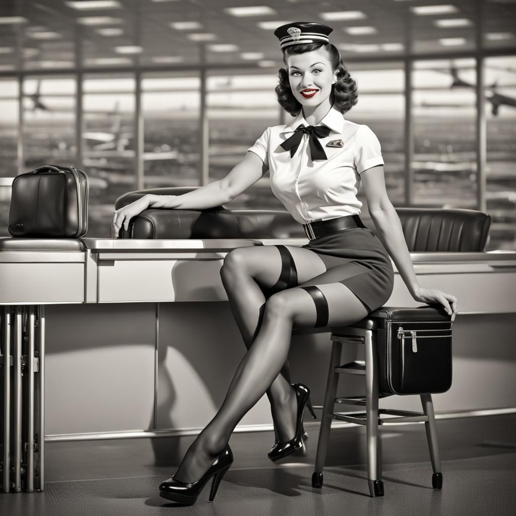 Vintage Pin-Up Stewardess in Garter and Stockings