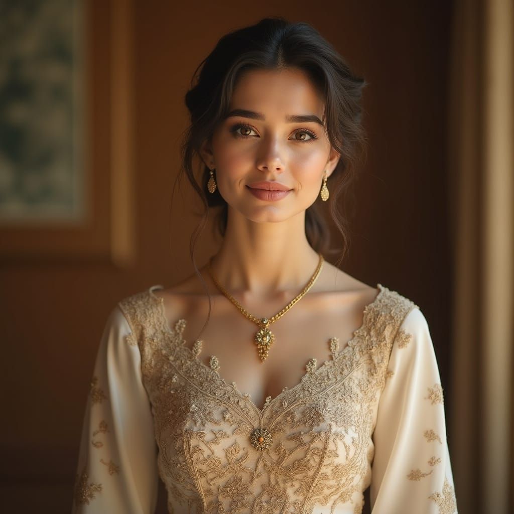 Young Hazara Woman in Wedding Dress with Golden Lighting