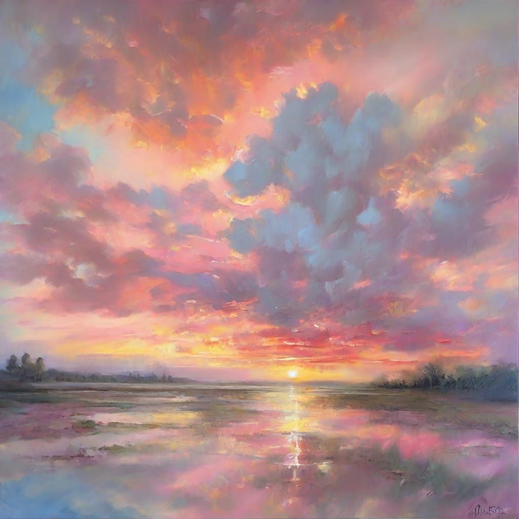 Abstract Expressionist Landscape with Swirling Clouds and Li...