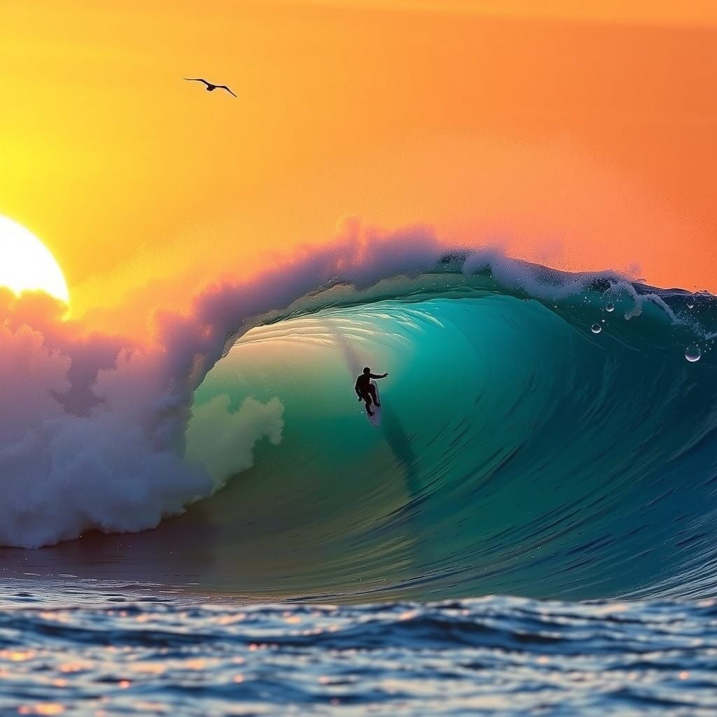 Surreal Sunset Surfer Rides Glassy Wave in Translucent Beaut...