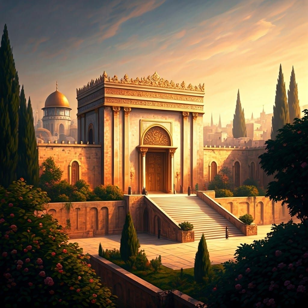 Temple in Jerusalem at Sunset, in Detailed Architectural Sty...