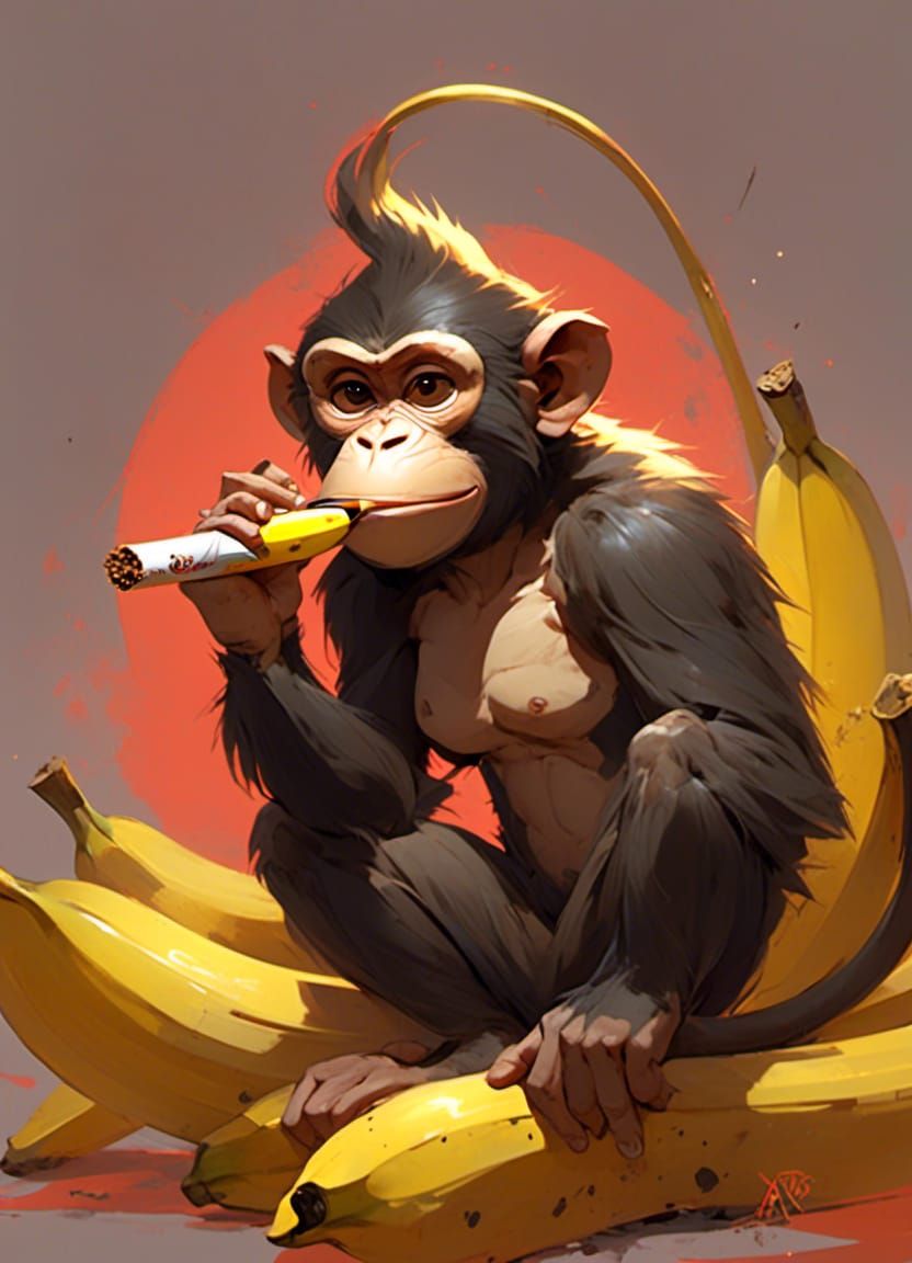 Cartoon Monkey Smoking Banana Cigar in Anime Style