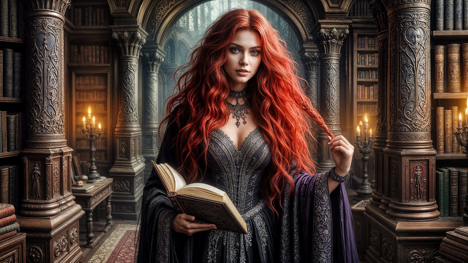 Gothic Sorceress in Library: Dark Fantasy Art