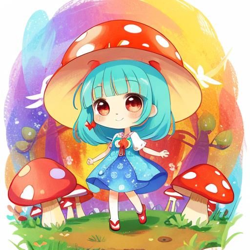 Mushroom Girl in Chibi Style: Magical Scene