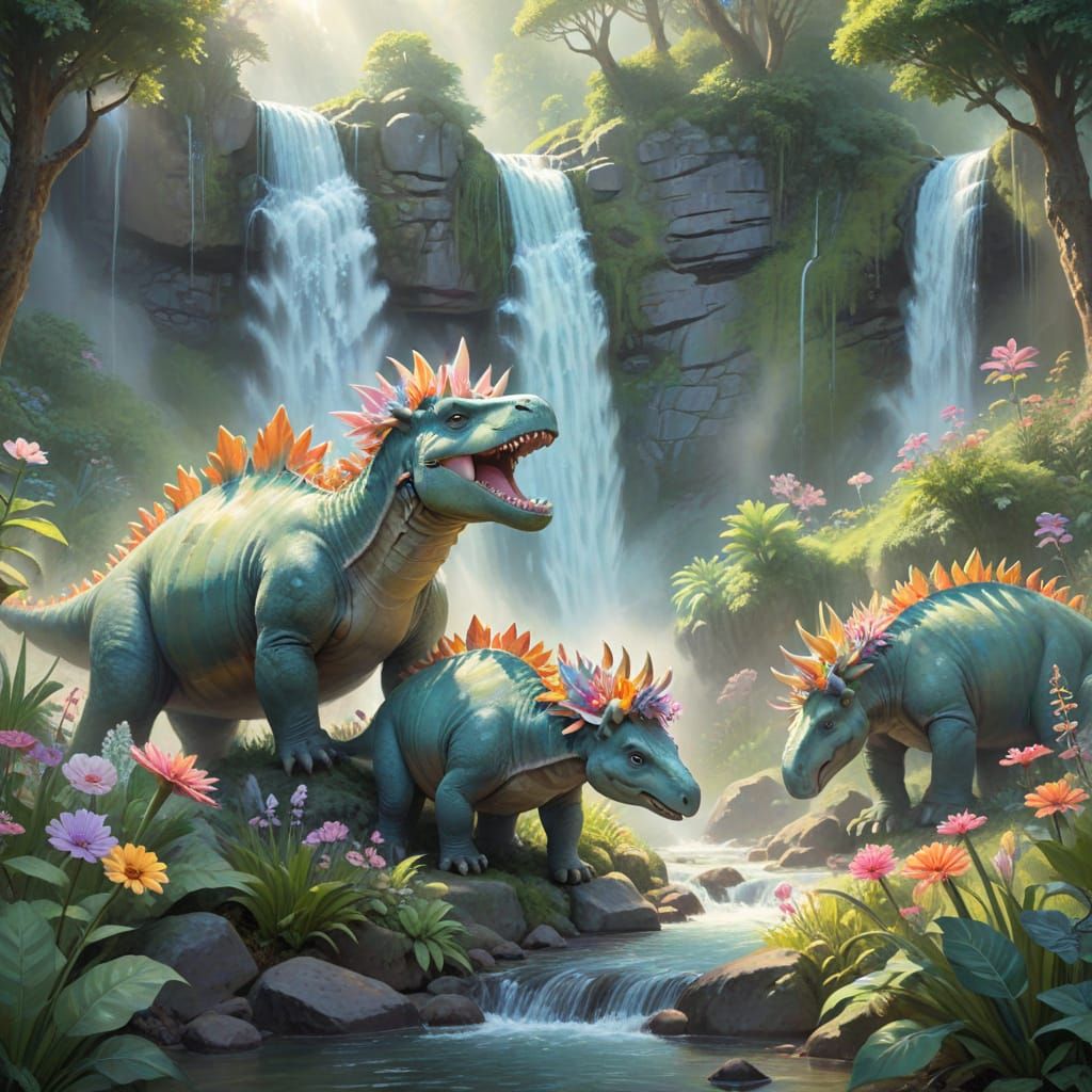 Stegosaurus Family at Waterfall in Soft Fantasy Style
