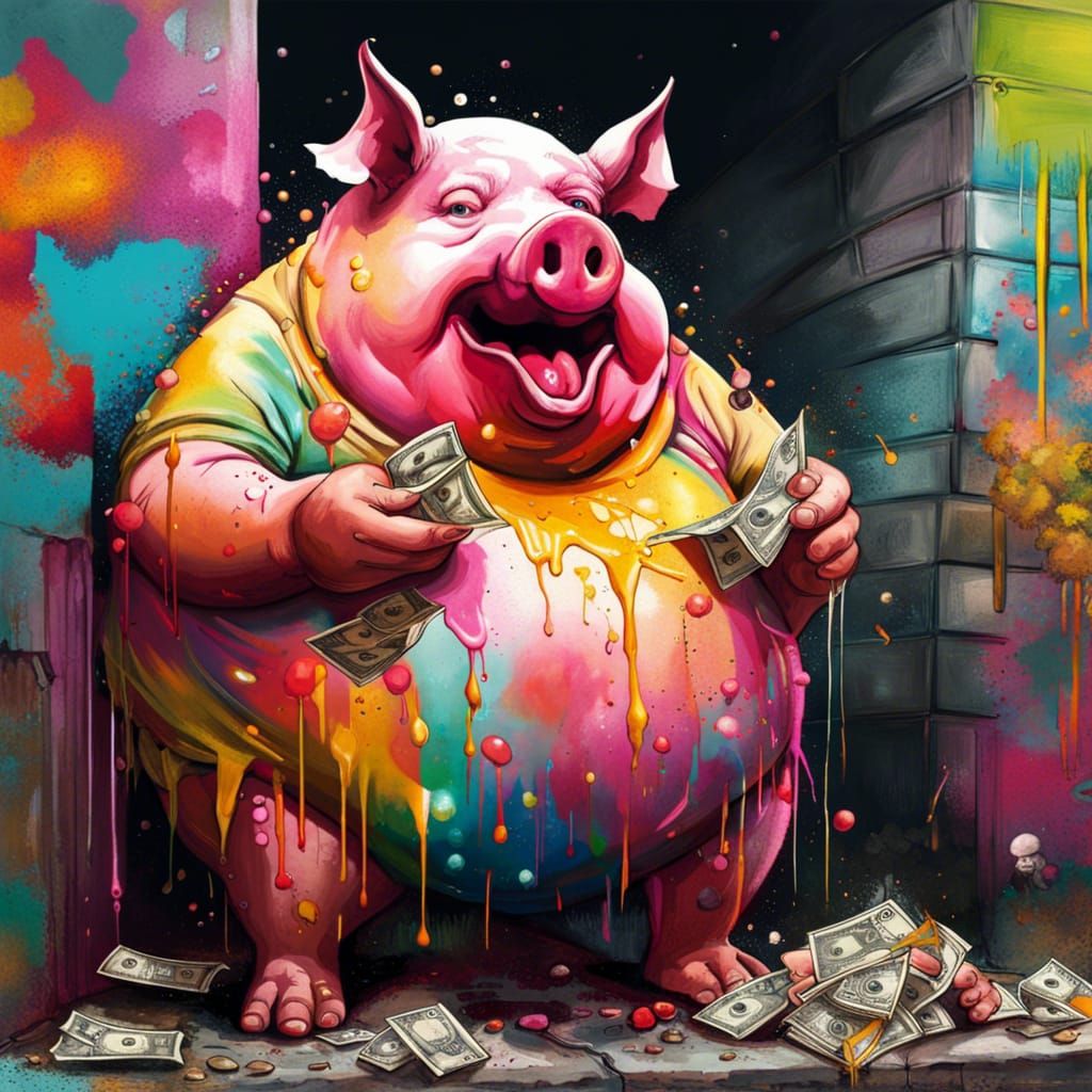 A fat pig with a human torso is eating money