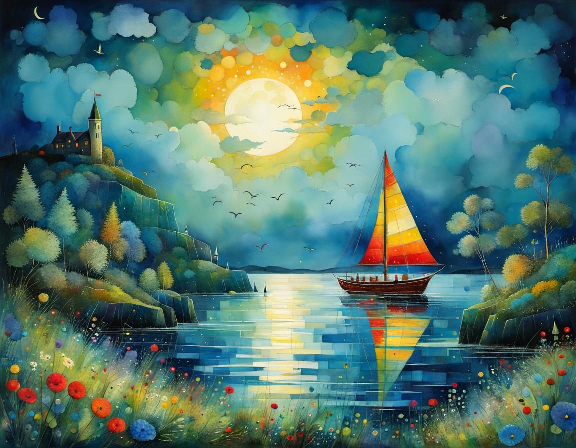 Moonlit Sailing Scene in Patchwork Illustration Art