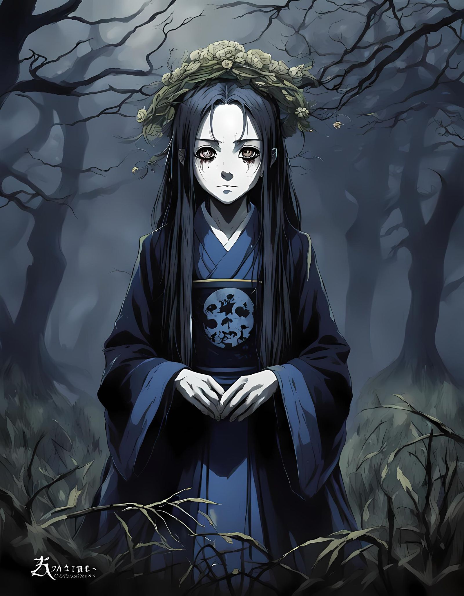 A Gothic Yokai, roaming the shadowy depths of a forest.