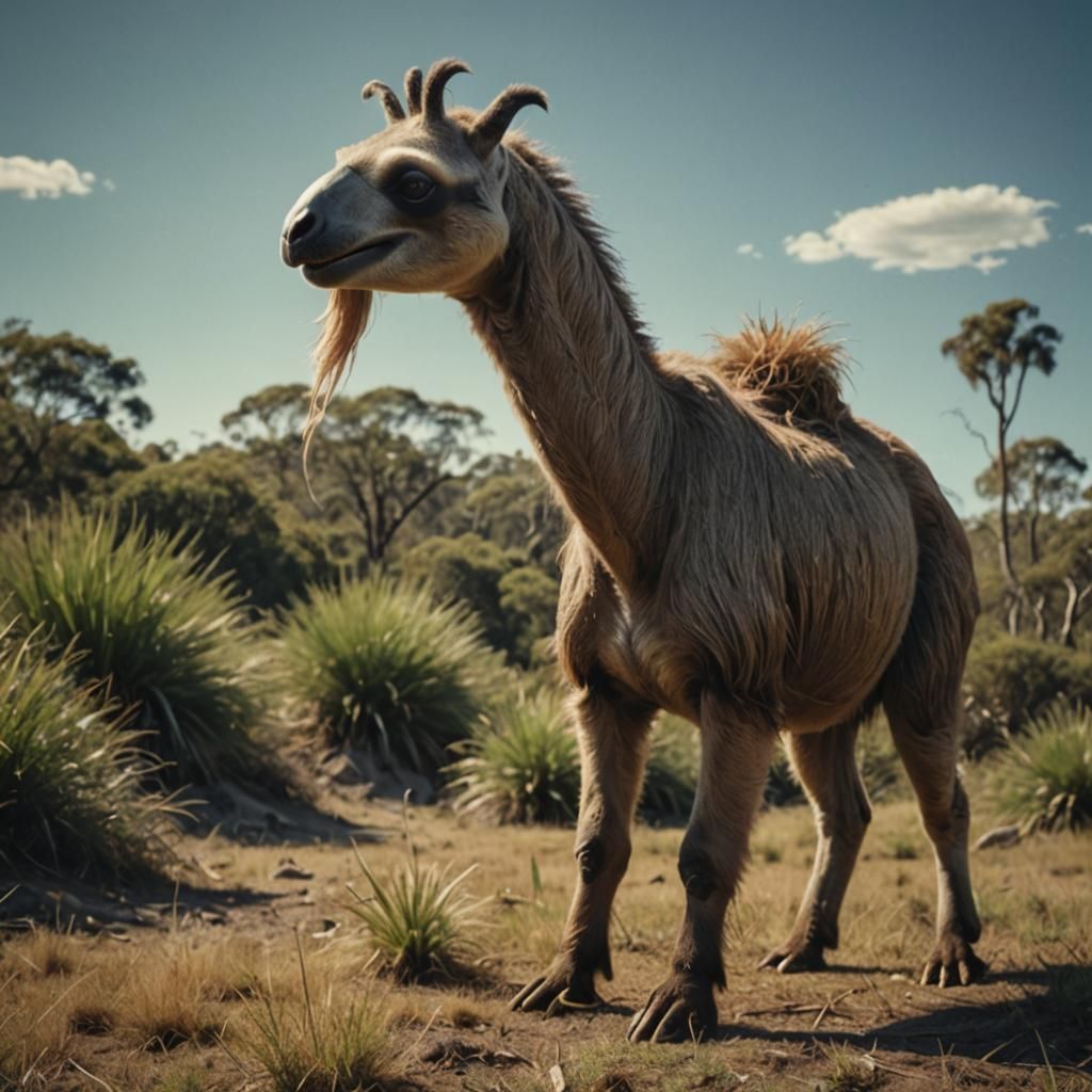 Long-Necked Sloth Donkey in Bushland: Cinematic Film Still