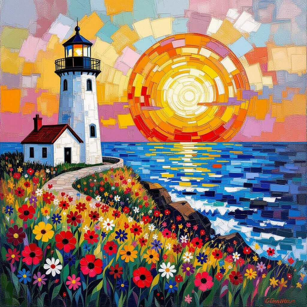 Wildflowers at Lighthouse Sunset in Klimt Style