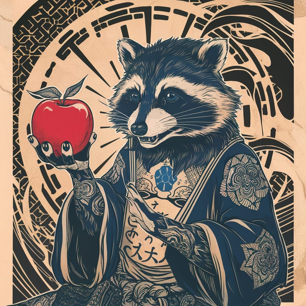 Traditional Japanese Tattoo of Raccoon Teacher Holding Apple...