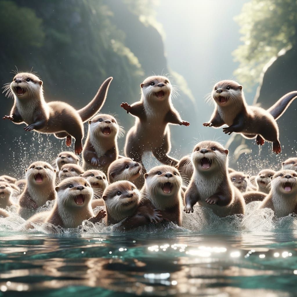 River Otters Frolicking in a Tranquil River