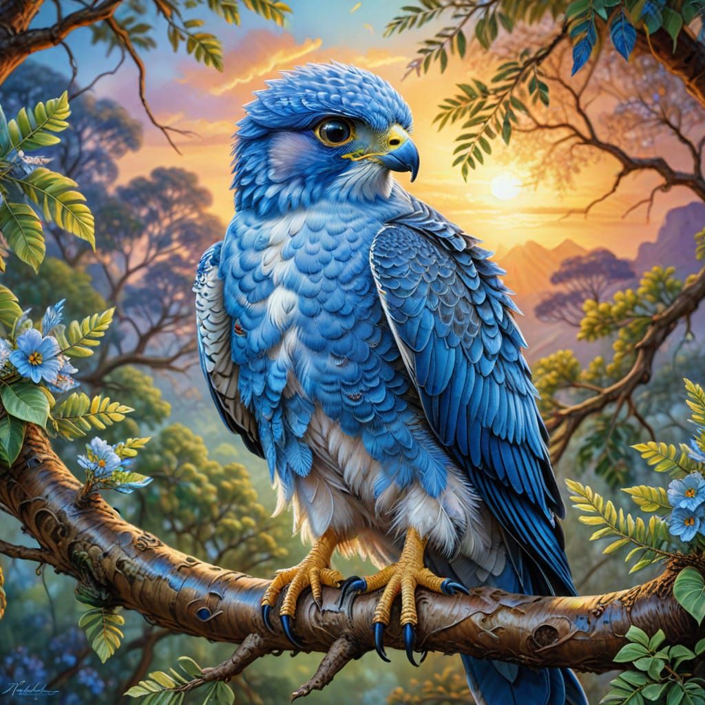 Blue Hawk-Falcon Hybrid Perched at Sunset