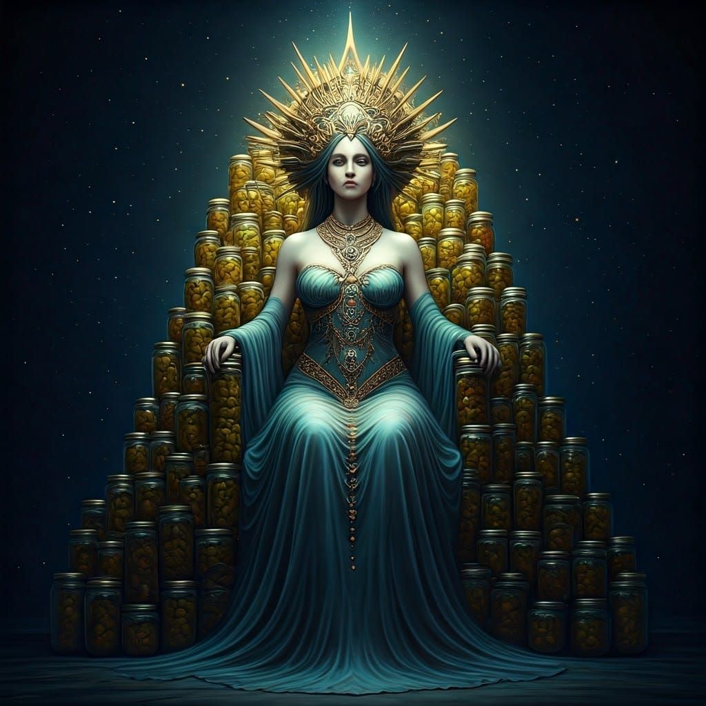 Pickle Goddess on Jar Throne in Pre-Raphaelite Style
