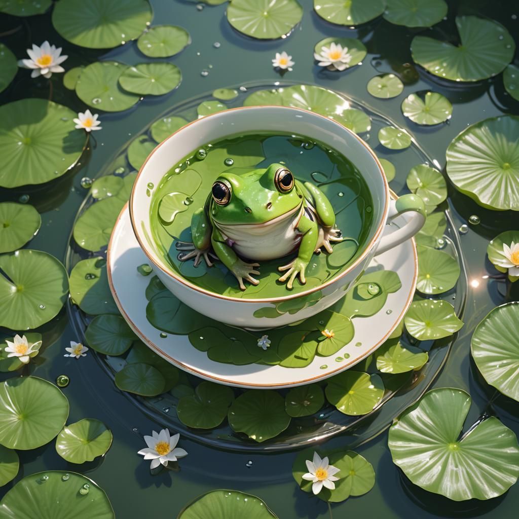 Cute Green Frog in Lilypad Teacup, Anime Art