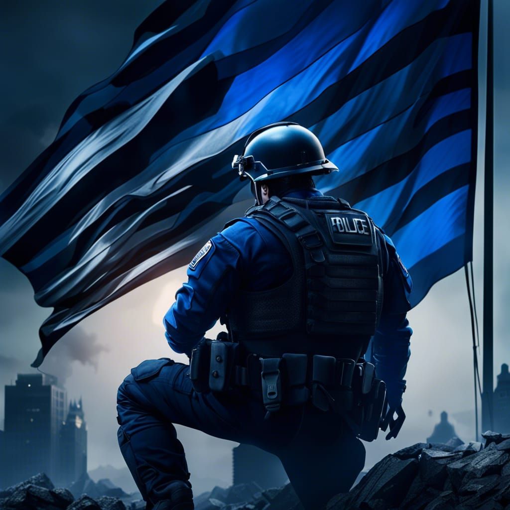 Thin Blue Line Flag Behind Kneeling Officer