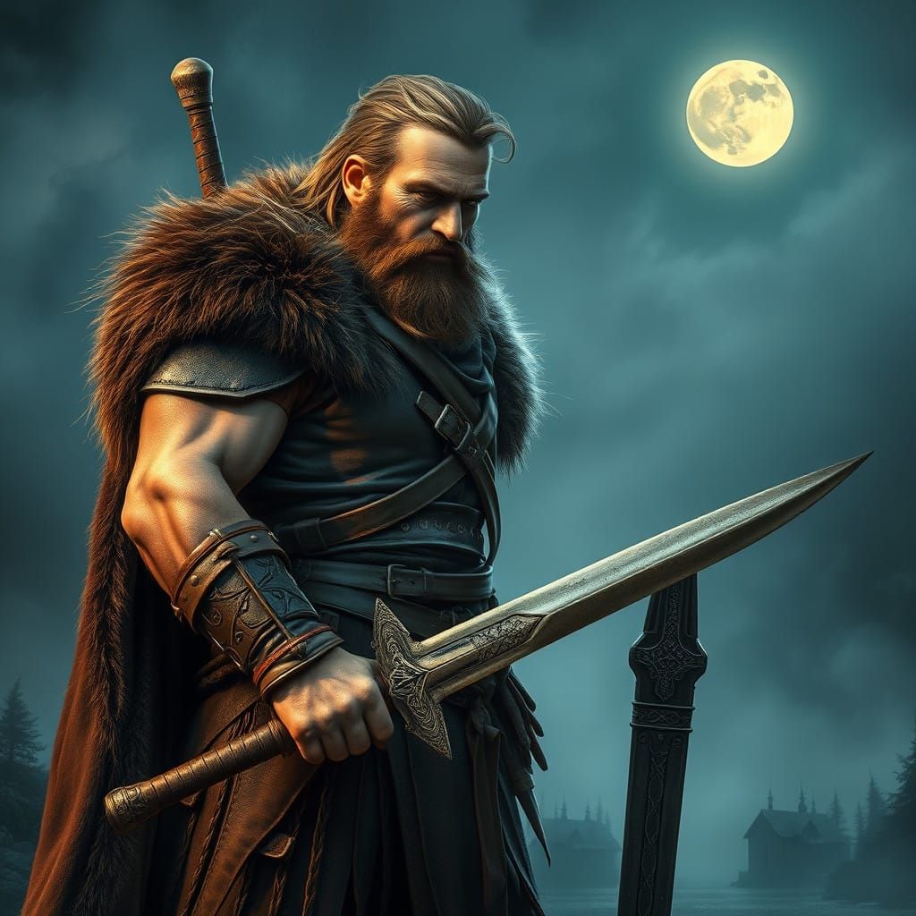 Mighty Viking Warrior in Moonlit Fjord