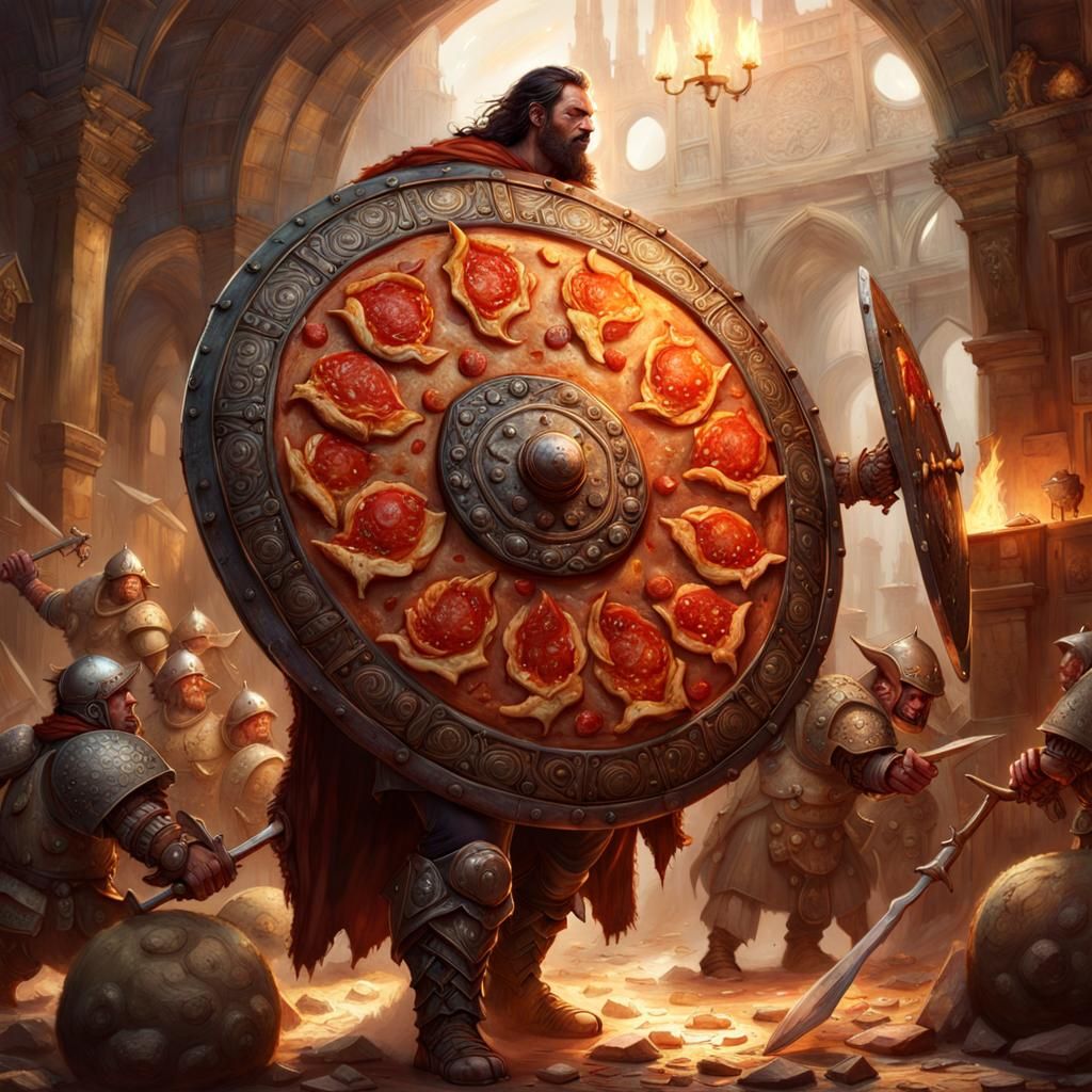 Barbarian Warrior Shielding with Cheesy Pizza