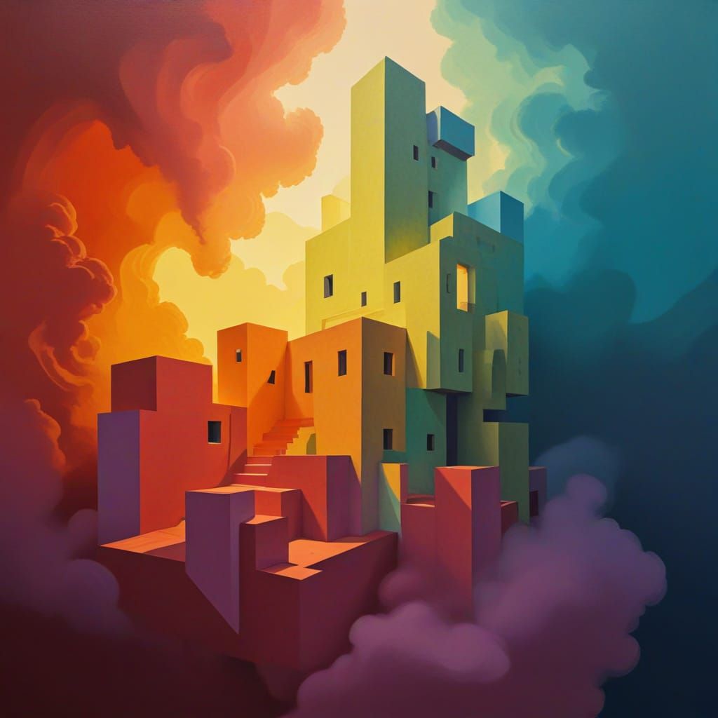 Surrealist Geometric Abstraction in Bold Color