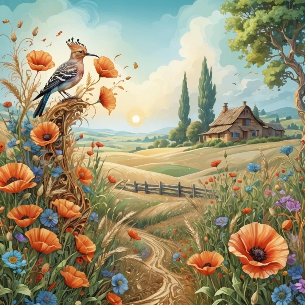 Whimsical Hoopoe Bird in a Psychedelic Candyland Landscape